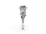 Milgrain Halo Engagement Ring Setting for Fancy Blue Cushion Cut Center with Shoulder Bezels and Prong Head in White Gold