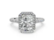 Halo Engagement Ring Setting for Radiant Cut Center with Pave Accents, Heart Basket and Prong Head in Platinum