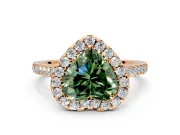 Halo Engagement Ring Setting for Fancy Green Heart-Shaped Center with Narrowing Pave Band and Prong Head in Rose Gold