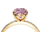 Solitaire Engagement Ring Setting for Fancy Pink Cushion Cut Center with Round Cut Pave Band and Prong Head in Yellow Gold