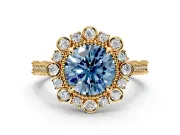 Milgrain Halo Engagement Ring Setting for Fancy Blue Round Cut Center with Bezel Point Accents and Prong Head in Yellow Gold