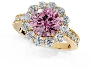 Halo Engagement Ring Setting for Fancy Pink Round Cut Center with Milgrain Channel Band and Prong Head in Yellow Gold