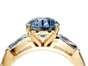 3 Stone Engagement Ring Setting for Fancy Blue Round Cut Center with Tapered Baguettes, Plain Band and Prong Head in Yellow Gold