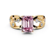 Solitaire Engagement Ring Setting for Fancy Pink Emerald Cut Center with Criss-Cross Accent Band and Prong Head in Yellow Gold