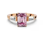 3 Stone Engagement Ring Setting for Fancy Pink Emerald Cut Center with Baguette Accents and Prong Head in Rose Gold