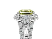 Halo Engagement Ring Setting for Fancy Yellow Asscher Cut Center with Two-Strand Split Shank and Prong Head in Platinum