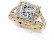Halo Engagement Ring Setting for Princess Cut Center with Narrow Pave Split Shank and Prong Head in Yellow Gold