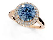 Halo Engagement Ring Setting for Fancy Blue Round Cut Center with Plain Tapered Band and Prong Head in Rose Gold