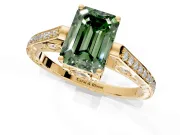 Cathedral Engagement Ring Setting for Fancy Green Emerald Cut Center with Antique-Style Pave Band and Prong Head in Yellow Gold