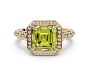 Milgrain Halo Engagement Ring Setting for Fancy Yellow Asscher Cut Center with Three-Sided Pave Band and Prong Head in Yellow Gold