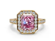 Bezel-Framed Halo Engagement Ring Setting for Fancy Pink Radiant Cut Center with Pave Band and Prong Head in Yellow Gold