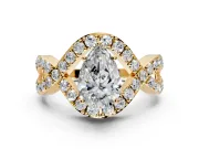 Halo Engagement Ring Setting for Pear-Shaped Center with Pave Infinity Twist Band and Prong Head in Yellow Gold