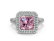 Double Halo Engagement Ring Setting for Fancy Pink Princess Cut Center with Narrow Pave Split Shank and Prong Head in White Gold