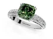 Solitaire Engagement Ring Setting for Fancy Green Cushion Cut Center with Multi-Row Pave Accents and Basket Head in Platinum
