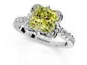 Floral Engagement Ring Setting for Fancy Yellow Cushion Cut Center with Pave Band and Floral Prong Head in Platinum