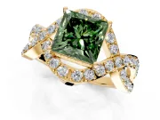 Halo Engagement Ring Setting for Fancy Green Princess Cut Center with Pave Infinity Twist Band and Prong Head in Yellow Gold