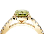 Halo Engagement Ring Setting for Fancy Yellow Radiant Cut Center with Full Pave Band and Prong Head in Yellow Gold