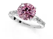 Baguette Engagement Ring Setting for Fancy Pink Round Cut Center with Alternating Bar-Set Band and Prong Head in White Gold