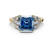 Leaf Cluster Engagement Ring Setting for Fancy Blue Asscher Cut Center with Marquise Accents and Prong Head in Yellow Gold