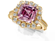 Milgrain Halo Engagement Ring Setting for Fancy Pink Asscher Cut Center with Bezel Point Accents and Prong Head in Yellow Gold