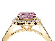 Halo Engagement Ring Setting for Fancy Pink Cushion Cut Center with Raised Halo, Pave Band and Prong Head in Yellow Gold