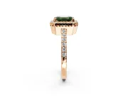 Halo Engagement Ring Setting for Fancy Green Emerald Cut Center with Inner Milgrain Border and Prong Head in Rose Gold
