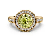 Milgrain Halo Engagement Ring Setting for Fancy Yellow Round Cut Center with Pave Band and Prong Head in Yellow Gold
