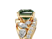 Halo Engagement Ring Setting for Fancy Green Asscher Cut Center with Marquise and Pave Bypass Band and Prong Head in Yellow Gold