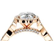 Halo Engagement Ring Setting for Oval Center with Twist Band and Prong Head in Rose Gold