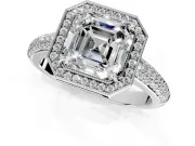 Milgrain Halo Engagement Ring Setting for Asscher Cut Center with Three-Sided Pave Band and Prong Head in White Gold