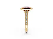 Halo Engagement Ring Setting for Fancy Pink Radiant Cut Center with Milgrain Pave Band and Bezel Head in Yellow Gold