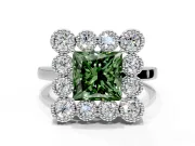Cluster Halo Engagement Ring Setting for Fancy Green Princess Cut Center with Milgrain Bezel Accents and Prong Head in White Gold