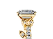 Leaf Motif Engagement Ring Setting for Emerald Cut Center with Pave Band and Prong Head in Yellow Gold