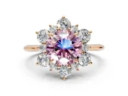 Small-Accent Cluster Halo Engagement Ring Setting for Fancy Pink Round Cut Center with Plain Band and Prong Head in Rose Gold