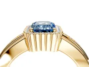 Halo Engagement Ring Setting for Fancy Blue Emerald Cut Center with Wide Band, Inlaid Accent Row and Prong Head in Yellow Gold