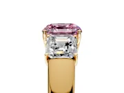 3 Stone Engagement Ring Setting for Fancy Pink Asscher Cut Center with Raised Basket Heads and Prong Head in Yellow Gold
