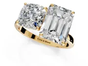 Cushion Cut and Emerald Cut Lab-Grown Diamond Toi et Moi Engagement Ring with Prong-Set Stones in Yellow Gold