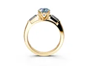 3 Stone Engagement Ring Setting for Fancy Blue Oval Center with Tapered Baguettes, Plain Band and Prong Head in Yellow Gold