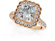 Milgrain Floral Halo Engagement Ring Setting for Radiant Cut Center with Pave Band and Prong Head in Rose Gold