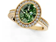 Halo Engagement Ring Setting for Fancy Green Oval Center with Milgrain Halo, Pave Band and Prong Head in Yellow Gold