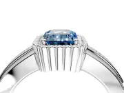Halo Engagement Ring Setting for Fancy Blue Emerald Cut Center with Wide Band, Inlaid Accent Row and Prong Head in Platinum