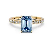 Solitaire Engagement Ring Setting for Fancy Blue Emerald Cut Center with Fine Pave Band and Prong Head in Yellow Gold