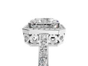 Halo Engagement Ring Setting for Radiant Cut Center with Heart-Shaped Openwork, Pave Band and Prong Head in Sterling Silver