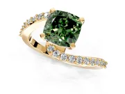 Solitaire Engagement Ring Setting for Fancy Green Cushion Cut Center with Pave Bypass Swirl Band and Prong Head in Yellow Gold