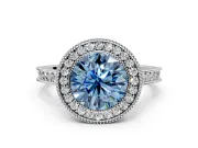 Halo Engagement Ring Setting for Fancy Blue Round Cut Center with Milgrain Pave Band and Bezel Head in Sterling Silver
