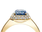 Halo Engagement Ring Setting for Fancy Blue Radiant Cut Center with Plain Tapered Band and Prong Head in Yellow Gold