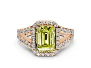 Halo Engagement Ring Setting for Fancy Yellow Emerald Cut Center with Narrow Pave Split Shank and Prong Head in Rose Gold