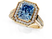 Halo Engagement Ring Setting for Fancy Blue Radiant Cut Center with Outer Bezel Rim, Pave Band and Prong Head in Yellow Gold
