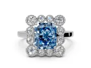 Cluster Halo Engagement Ring Setting for Fancy Blue Radiant Cut Center with Milgrain Bezel Accents and Prong Head in Sterling Silver