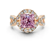 Halo Engagement Ring Setting for Fancy Pink Princess Cut Center with Pave Infinity Twist Band and Prong Head in Rose Gold